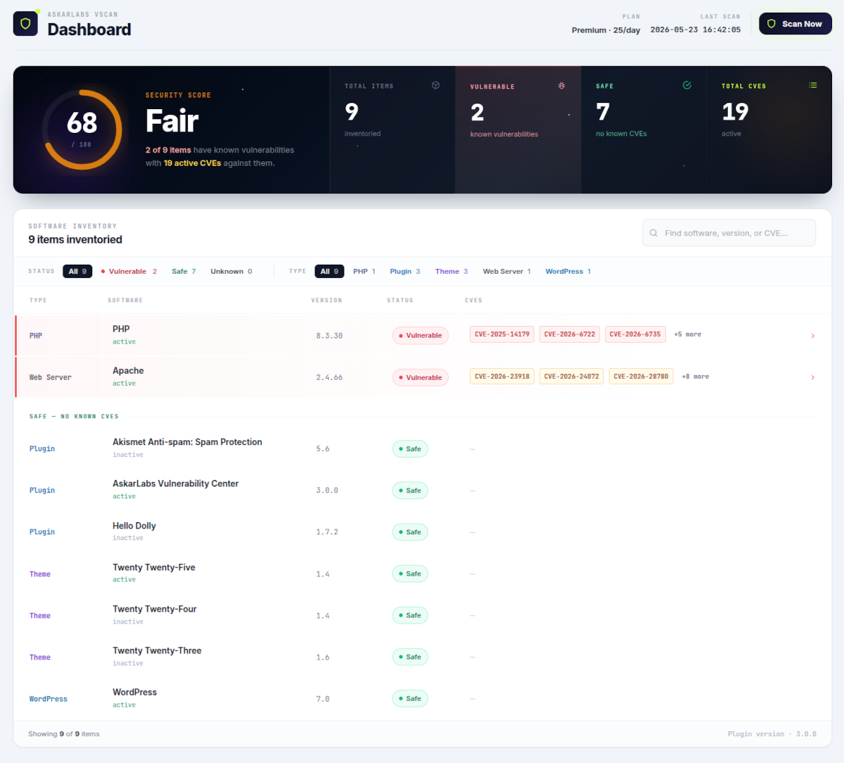 vScan dashboard showing a component inventory with vulnerability status